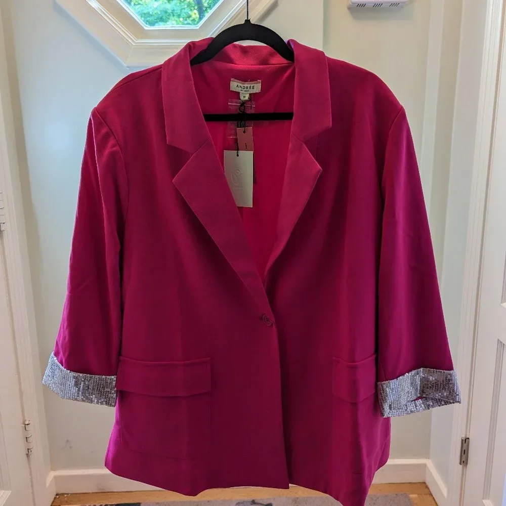 Women's Hot Pink Blazer with Silver Sequin Cuffs Andrée by Unit 1X - Picture 2 of 4